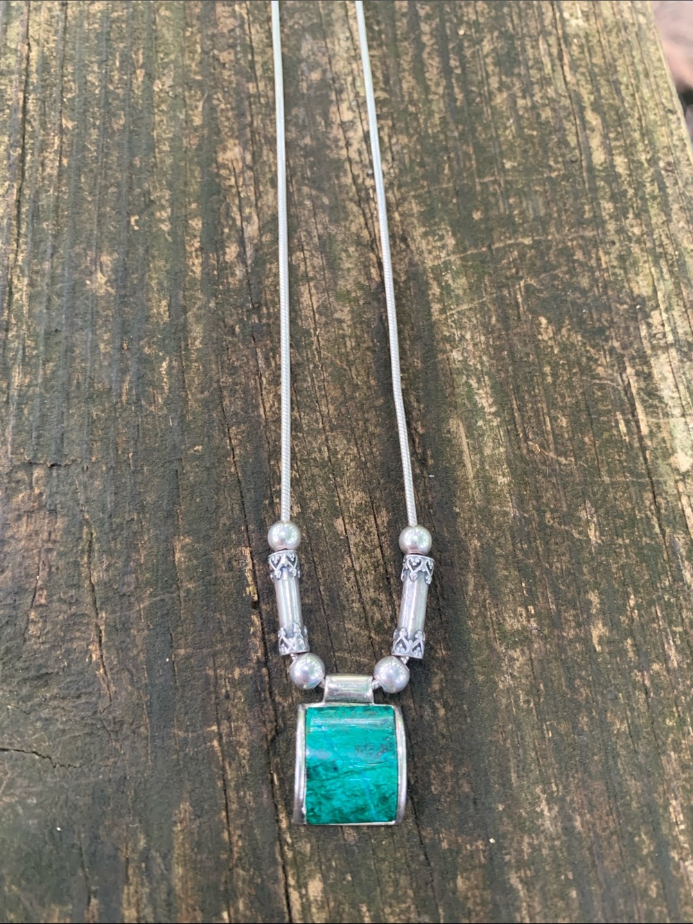 Sterling Silver Necklace with Malachite Green Stone Pendant
